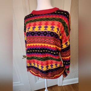Vintage 80s 90s Interim Geometric Knit Sweater Bold Colorful Sz small Coogi Vibe
